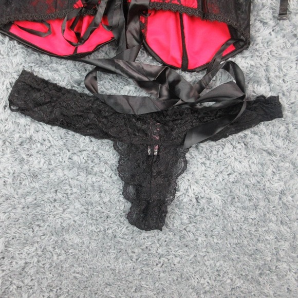 Adore Me Corset Bustier Set Womens 1X Black Lace Satin Garter Thong Lingerie NWT - Picture 3 of 16